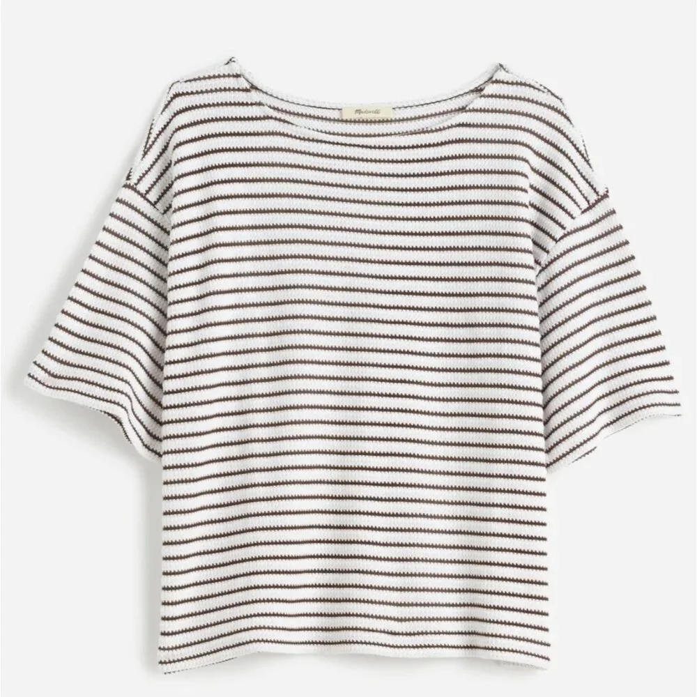 NWT Madewell Women's Sz XS Embroidered Boxy Knit Tee in Stripe Cream Brown NV988 - Picture 8 of 9